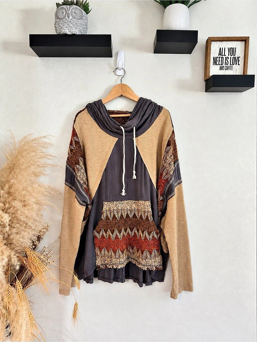 POL Boho Patchwork Mixed Media Hooded Tunic Top Large